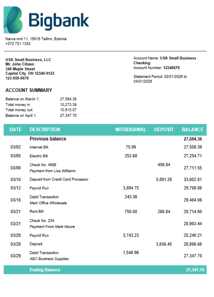 Modèle Word et PDF de relevé de compte d'entreprise Bigbank